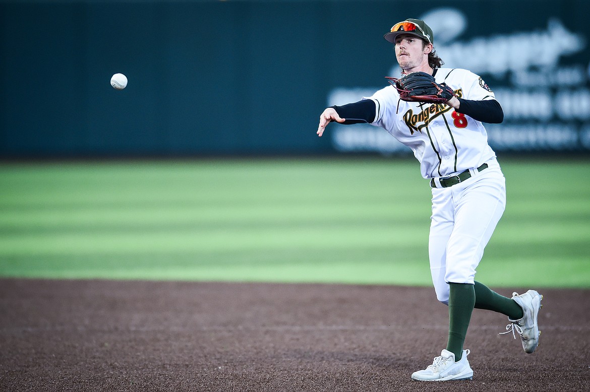 Range Riders second baseman Colin Gordon (8) fires to first for an out in the second inning against Idaho Falls at Glacier Bank Park on Wednesday, Sept. 6. (Casey Kreider/Daily Inter Lake)