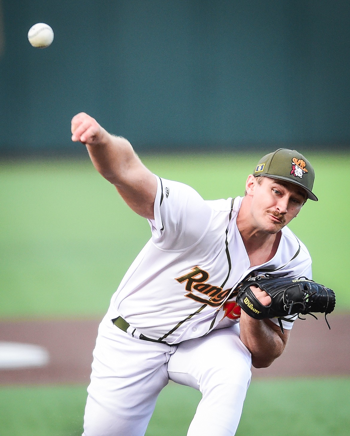 Glacier reliever Ryan Cloude (19) delivers in the first inning against Idaho Falls at Glacier Bank Park on Wednesday, Sept. 6. (Casey Kreider/Daily Inter Lake)