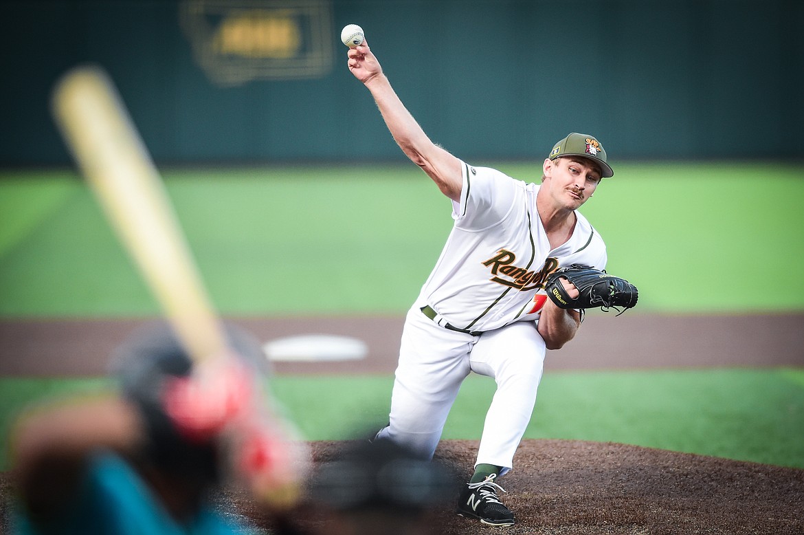 Glacier reliever Ryan Cloude (19) delivers in the first inning against Idaho Falls at Glacier Bank Park on Wednesday, Sept. 6. (Casey Kreider/Daily Inter Lake)