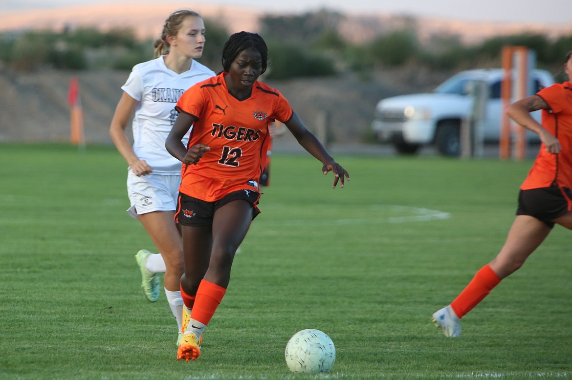 Ephrata sophomore Delanie Killinger (12) scored three goals in Tuesday’s 9-1 win over Okanogan in Ephrata.