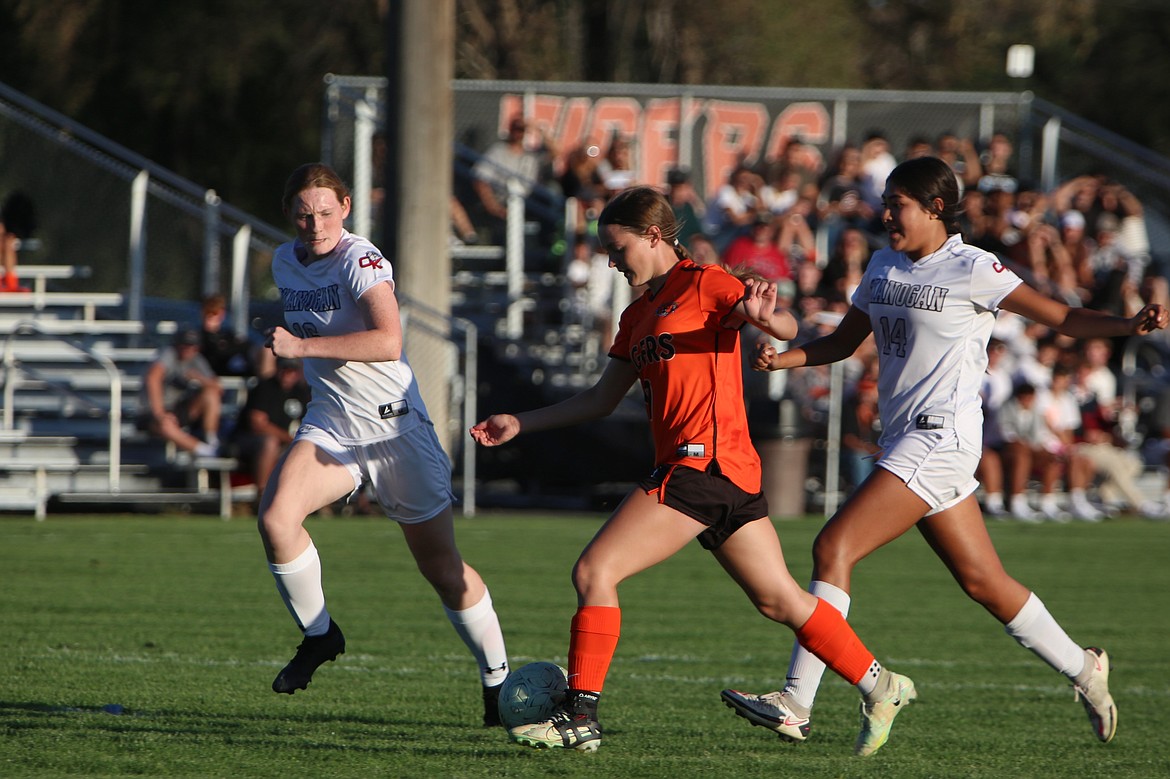 Ephrata sophomore Lila Rainey (9) goes on the attack on the Okanogan defense on Tuesday.