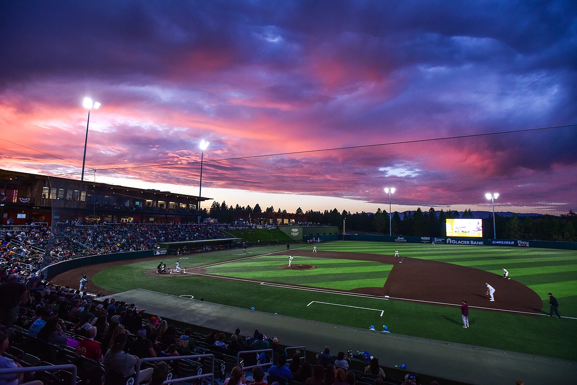 The sun sets behind Glacier Bank Park as the Glacier Range Riders face the Idaho Falls Chukars in their final home game of the 2023 season on Wednesday, Sept. 6. (Casey Kreider/Daily Inter Lake)