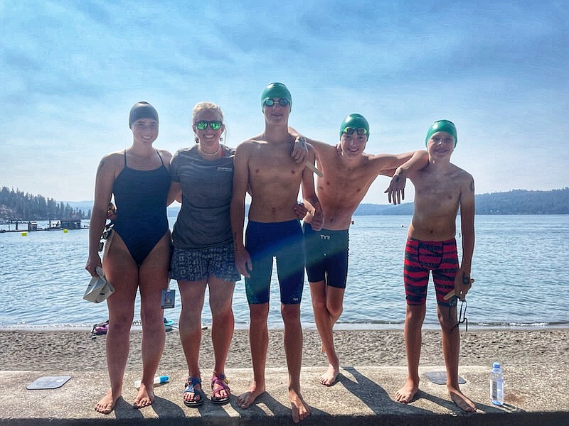 Members of the Sandpoint Sharks swim team pose for a photo at the 2023 Western Zone Open Championship meet. Pictured, left to right, Ryleigh Bamer, Coach Emily Renzini, McCoy Jensen, Lou Foust and Bodi Demmons.