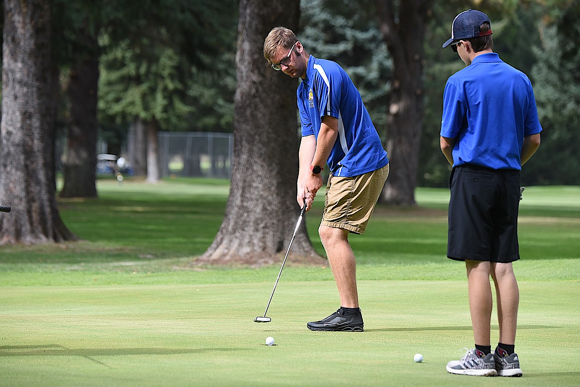 Libby's Ayden Montgomery rolls a putt in on No. 10 on Friday, Sept. 8, during the Libby Invitational at Cabinet View Golf Club. (Scott Shindledecker/The Western News)
