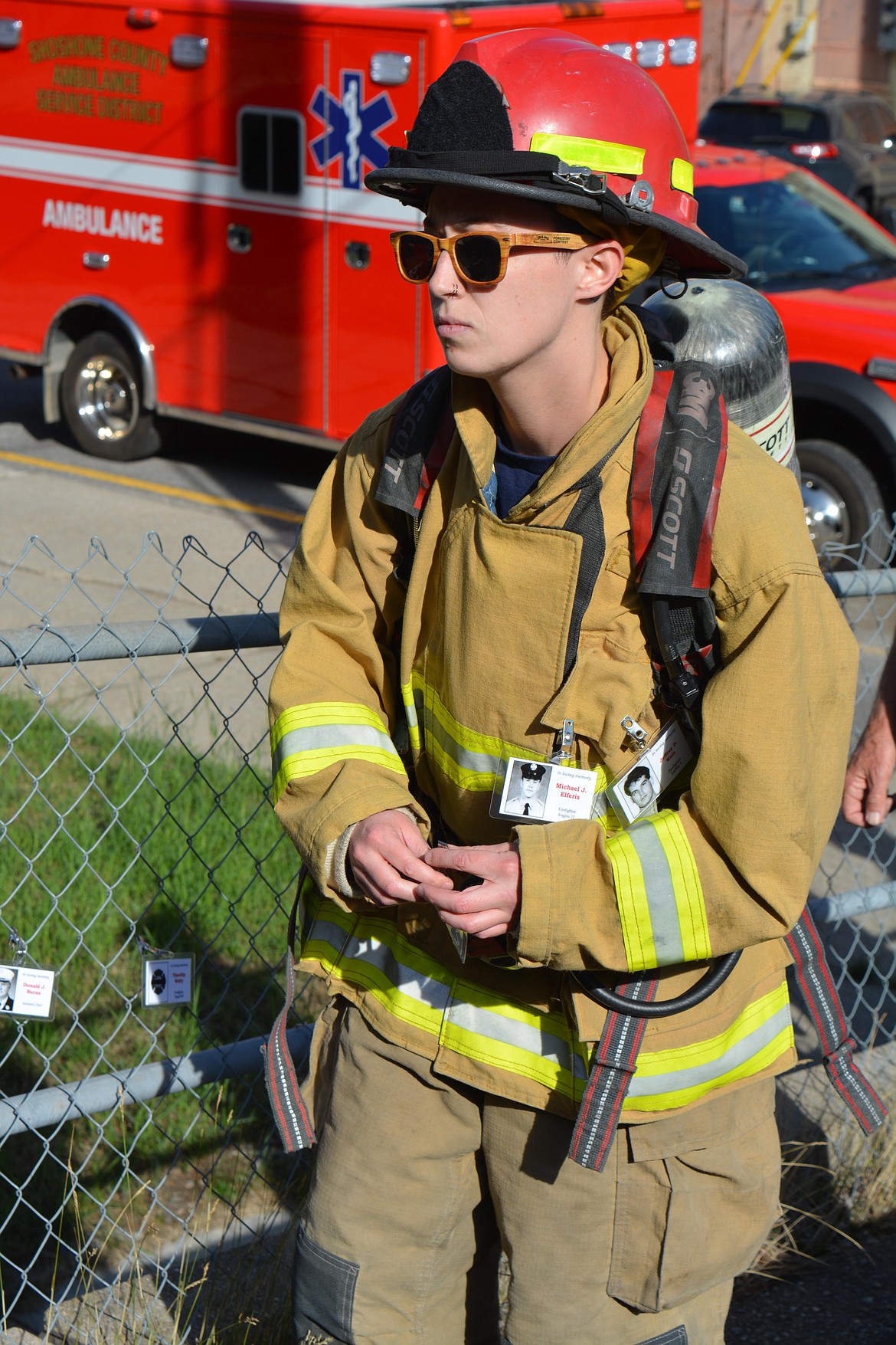 Marah Ashcraft prepared to make the 12 laps up and around flights of stairs to honor fallen firefighters. Ashcraft volunteers with Shoshone Fire District One.