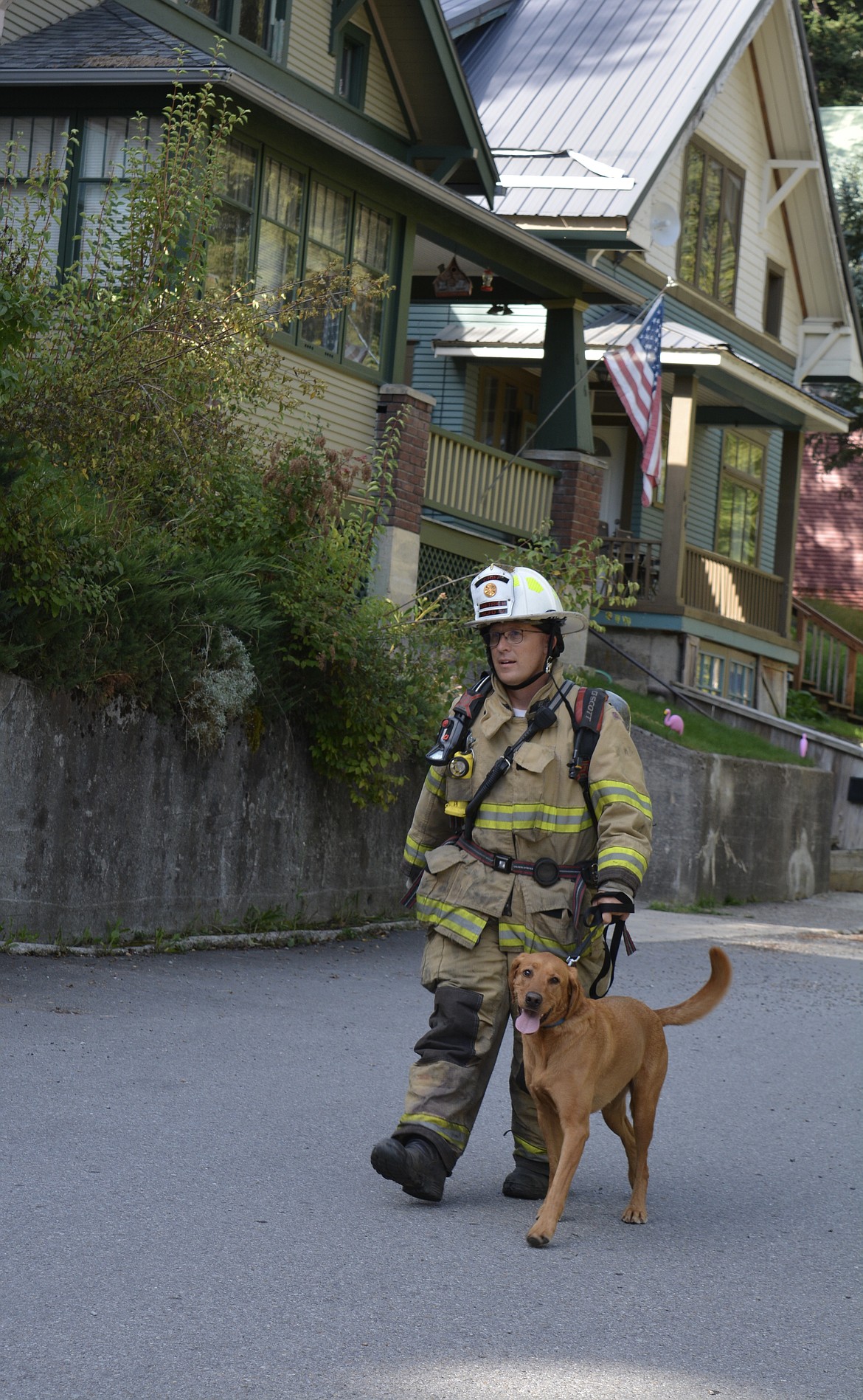 There was also a canine representative taking part in the 9/11 stair climb Monday morning. Shoshone County District 2 Fire Chief Scott Dietrich and Tamarack the search and recovery dog Tamarack made their way to begin another circuit.