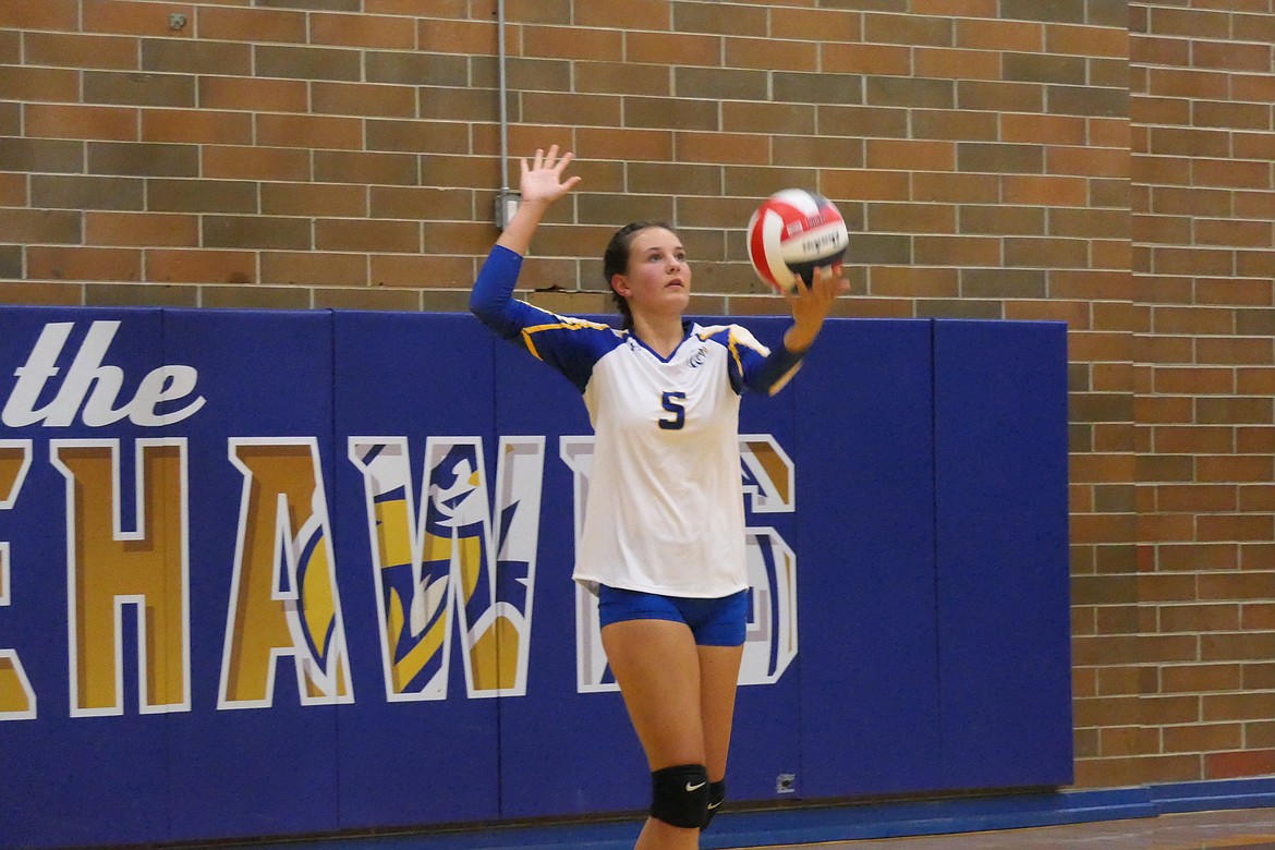 Thompson Falls junior Annalise Fairbank readies a serve during the Lady Hawks' win over Superior Thursday evening in T Falls.  (Chuck Bandel/VP-MI)