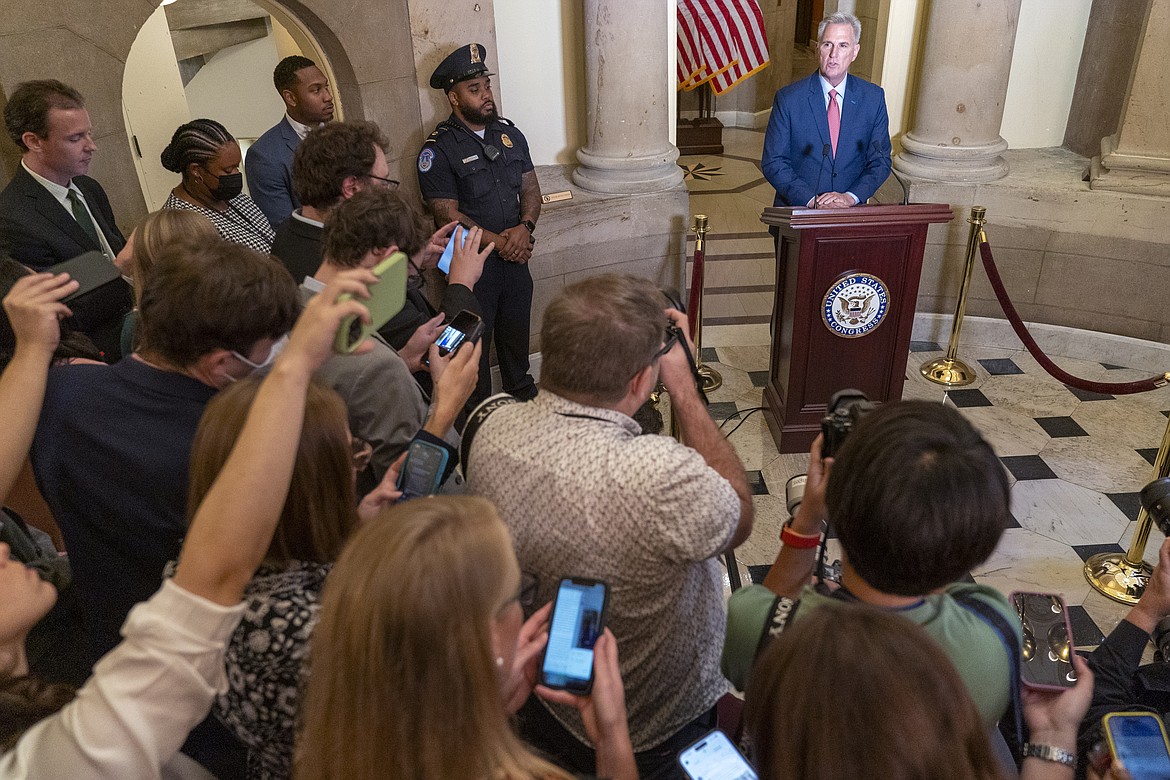 Speaker of the House Kevin McCarthy, R-Calif., speaks at the Capitol in Washington, Tuesday, Sept. 12, 2023. McCarthy says he's directing a House committee to open a formal impeachment inquiry into President Joe Biden. (AP Photo/Jacquelyn Martin)