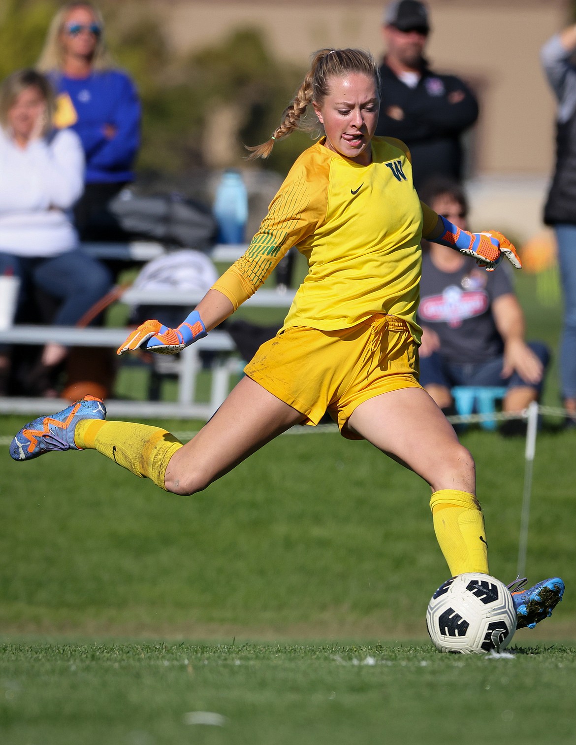 Whitefish keeper Norah Schmidt clears the ball during the Lady Bulldogs' 5-1 win over Bigfork Saturday.