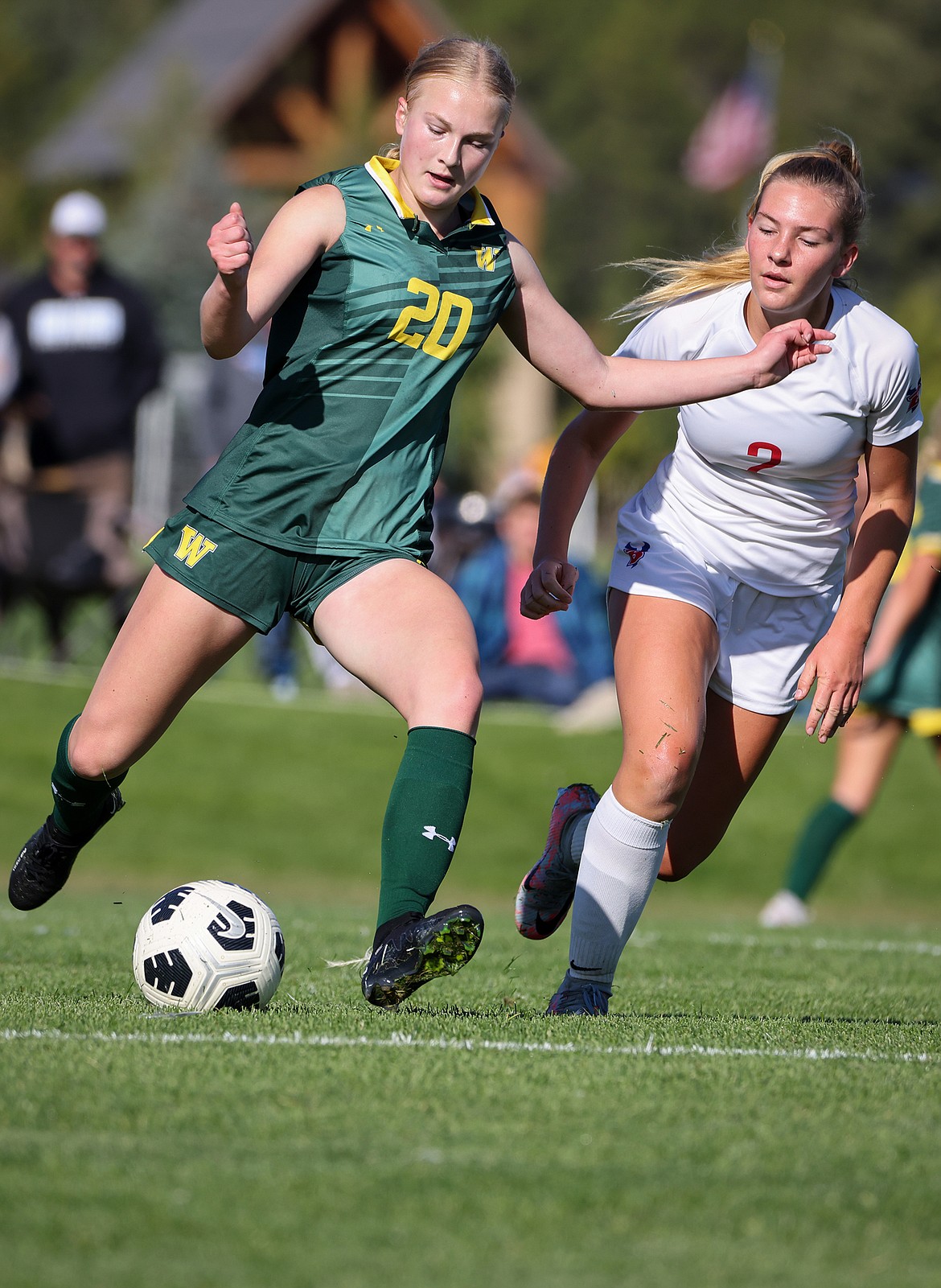 Whitefish's Isabelle Cooke lines up a pass during the Lady Bulldogs' 5-1 over Bigfork Saturday. (Jeremy Weber/Bigfork Eagle)