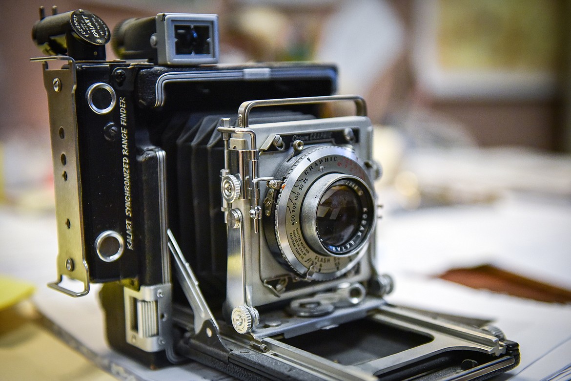 An old Graflex Crown Graphic camera owned by photographer Ed Gilliland that will be up for sale at the Northwest Montana History Museum's yard sale. (Casey Kreider/Daily Inter Lake)