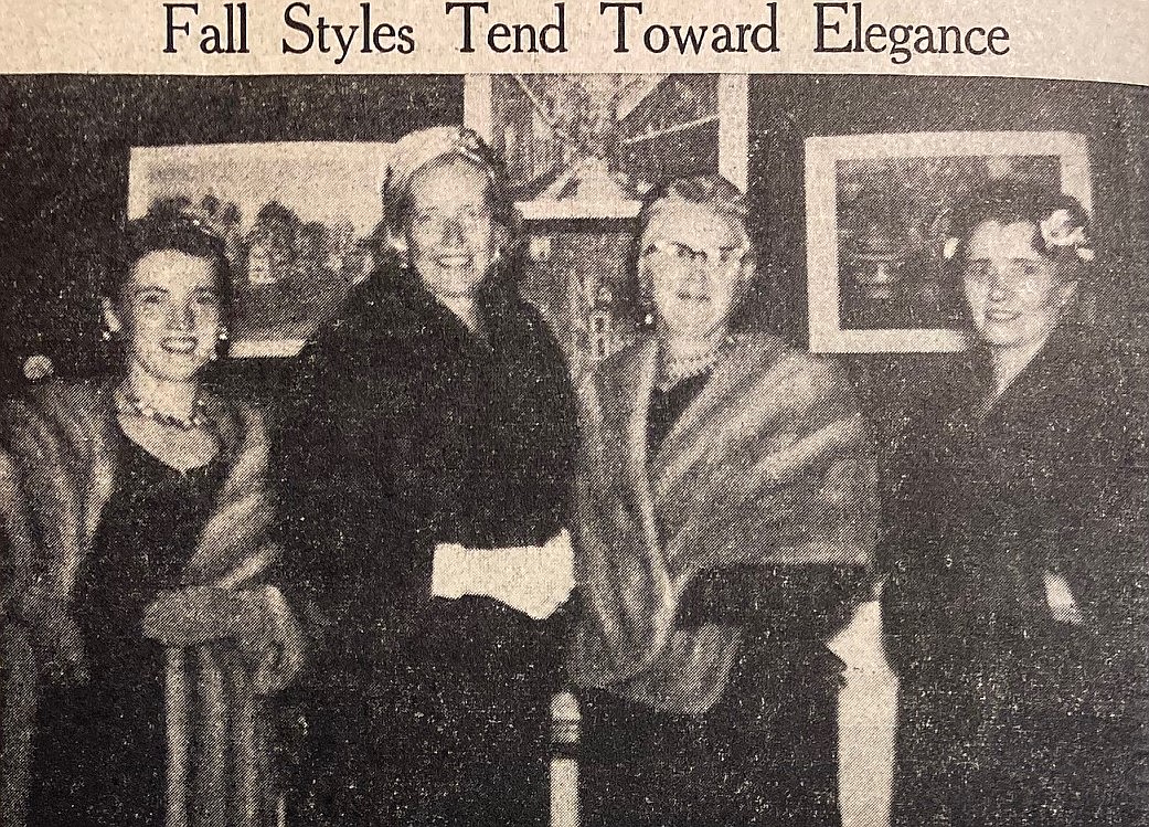 Models wearing furs for a 1958 fashion show: Mrs. G.C. Barclay, Mrs. E.R.W. Fox, Mrs. H.H. Greenwood and Mrs. O.M. Husted.