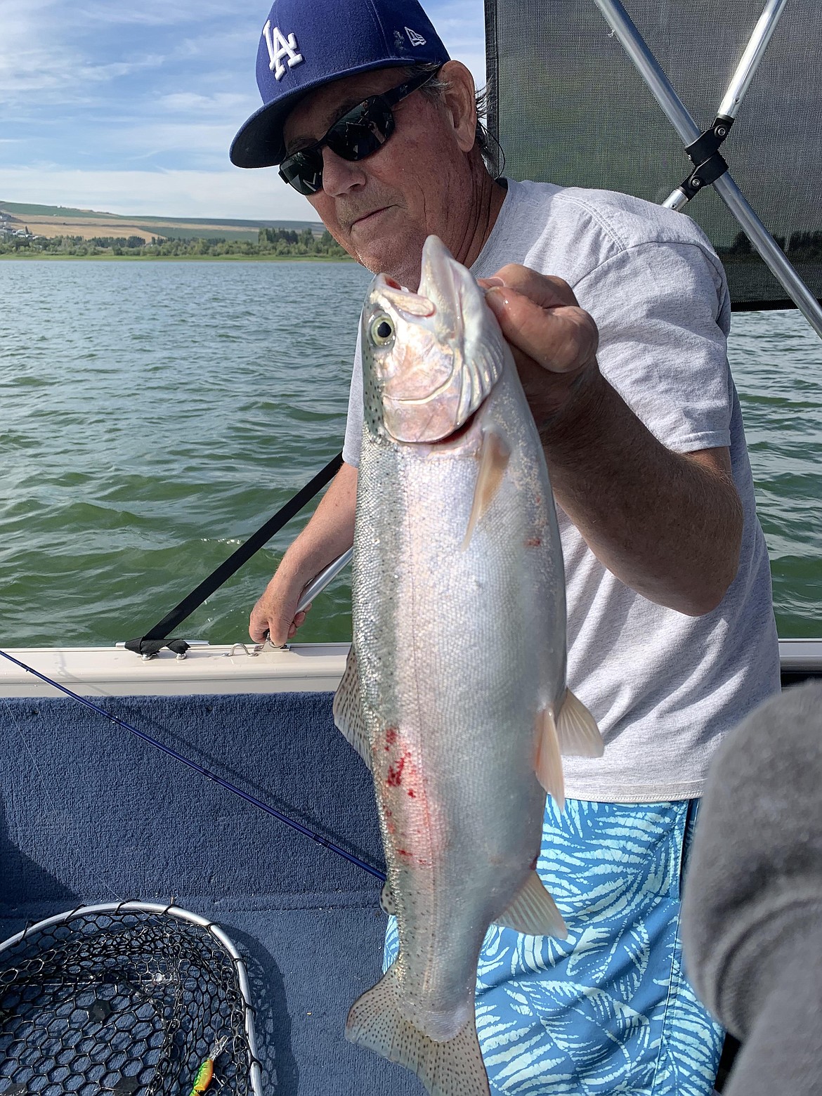 Mike Meseberg, owner of MarDon Resort, caught this beautiful rainbow trout while trolling on Potholes Reservoir.