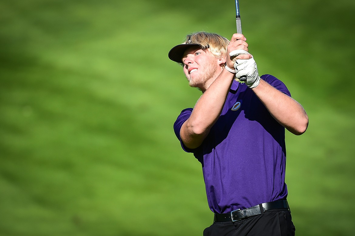 Polson's Christian Lund watches his approach on the second fairway during the Kalispell Invite at Buffalo Hill Golf Club on Thursday, Sept. 14. (Casey Kreider/Daily Inter Lake)