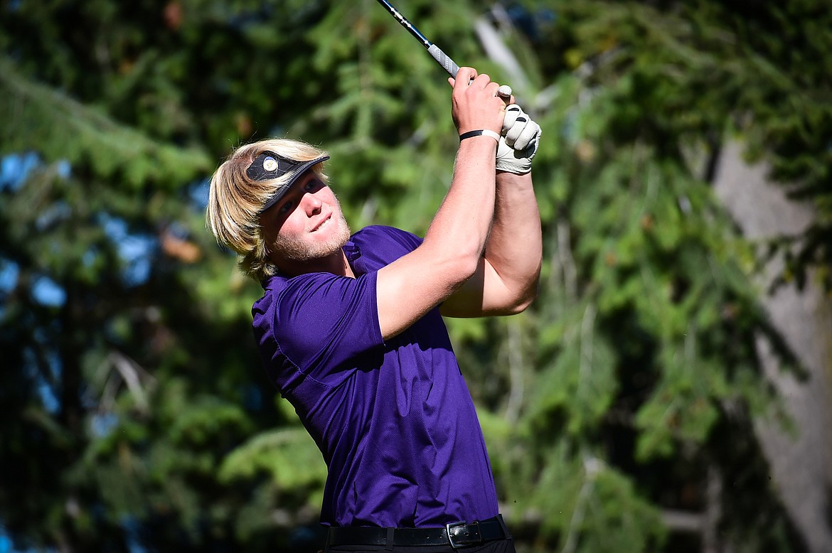 Polson's Christian Lund watches his approach on the second fairway during the Kalispell Invite at Buffalo Hill Golf Club on Thursday, Sept. 14. (Casey Kreider/Daily Inter Lake)