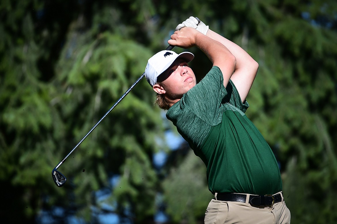 Glacier's Tanyon Murray watches his tee shot on the fourth hole during the Kalispell Invite at Buffalo Hill Golf Club on Thursday, Sept. 14. (Casey Kreider/Daily Inter Lake)