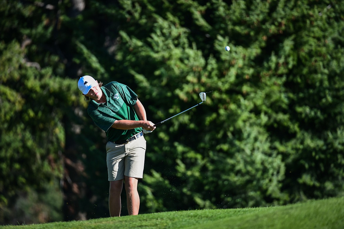 Glacier's Tanyon Murray chips onto the second green during the Kalispell Invite at Buffalo Hill Golf Club on Thursday, Sept. 14. (Casey Kreider/Daily Inter Lake)