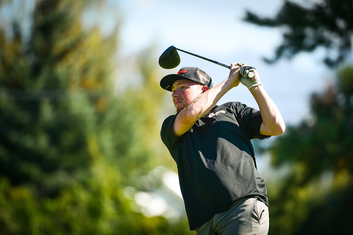 Flathead's Tyler Williams watches his drive on the eleventh tee during the Kalispell Invite at Buffalo Hill Golf Club on Thursday, Sept. 14. (Casey Kreider/Daily Inter Lake)