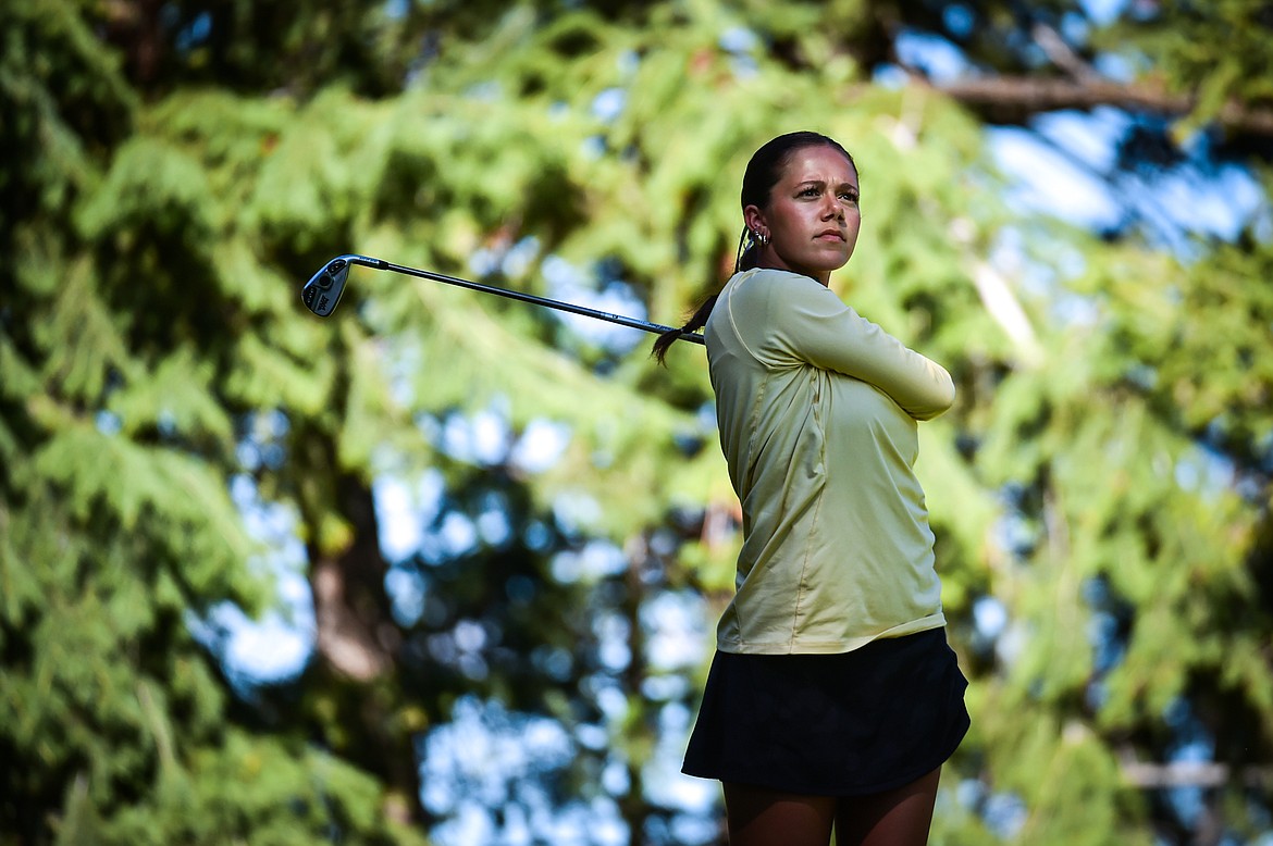 Glacier's Chloe Tanner watches her tee shot on the fourth hole during the Kalispell Invite at Buffalo Hill Golf Club on Thursday, Sept. 14. (Casey Kreider/Daily Inter Lake)