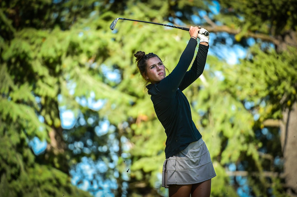 Bigfork's Keni Wade watches her tee shot on the fourth hole during the Kalispell Invite at Buffalo Hill Golf Club on Thursday, Sept. 14. (Casey Kreider/Daily Inter Lake)