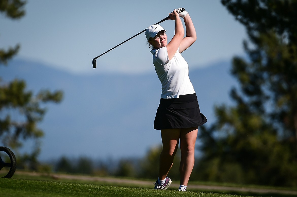 Polson's Ashley Maki hits her approach on the second fairway during the Kalispell Invite at Buffalo Hill Golf Club on Thursday, Sept. 14. (Casey Kreider/Daily Inter Lake)