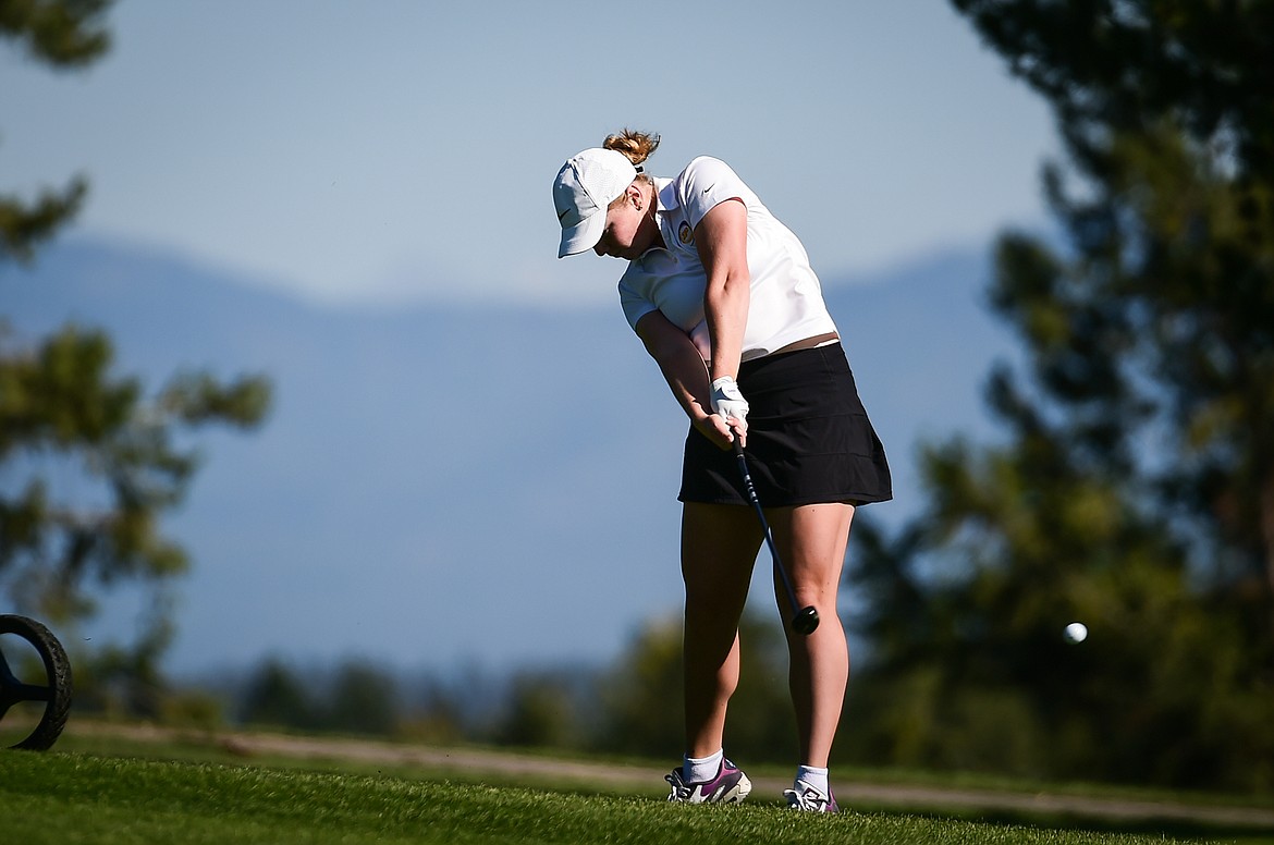 Polson's Ashley Maki hits her approach on the second fairway during the Kalispell Invite at Buffalo Hill Golf Club on Thursday, Sept. 14. (Casey Kreider/Daily Inter Lake)