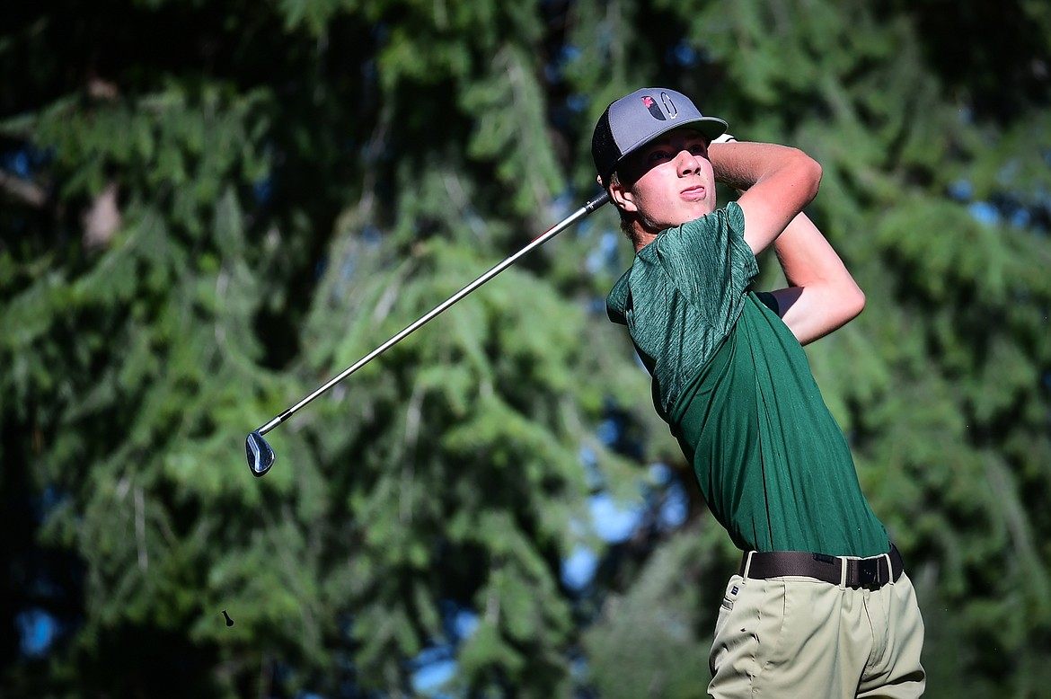 Glacier's Sam Engellant watches his tee shot on the fourth hole during the Kalispell Invite at Buffalo Hill Golf Club on Thursday, Sept. 14. (Casey Kreider/Daily Inter Lake)