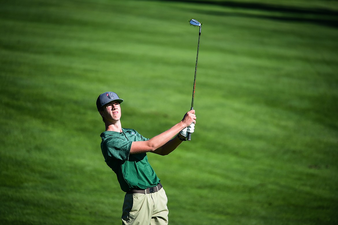 Glacier's Sam Engellant watches his approach on the second fairway during the Kalispell Invite at Buffalo Hill Golf Club on Thursday, Sept. 14. (Casey Kreider/Daily Inter Lake)