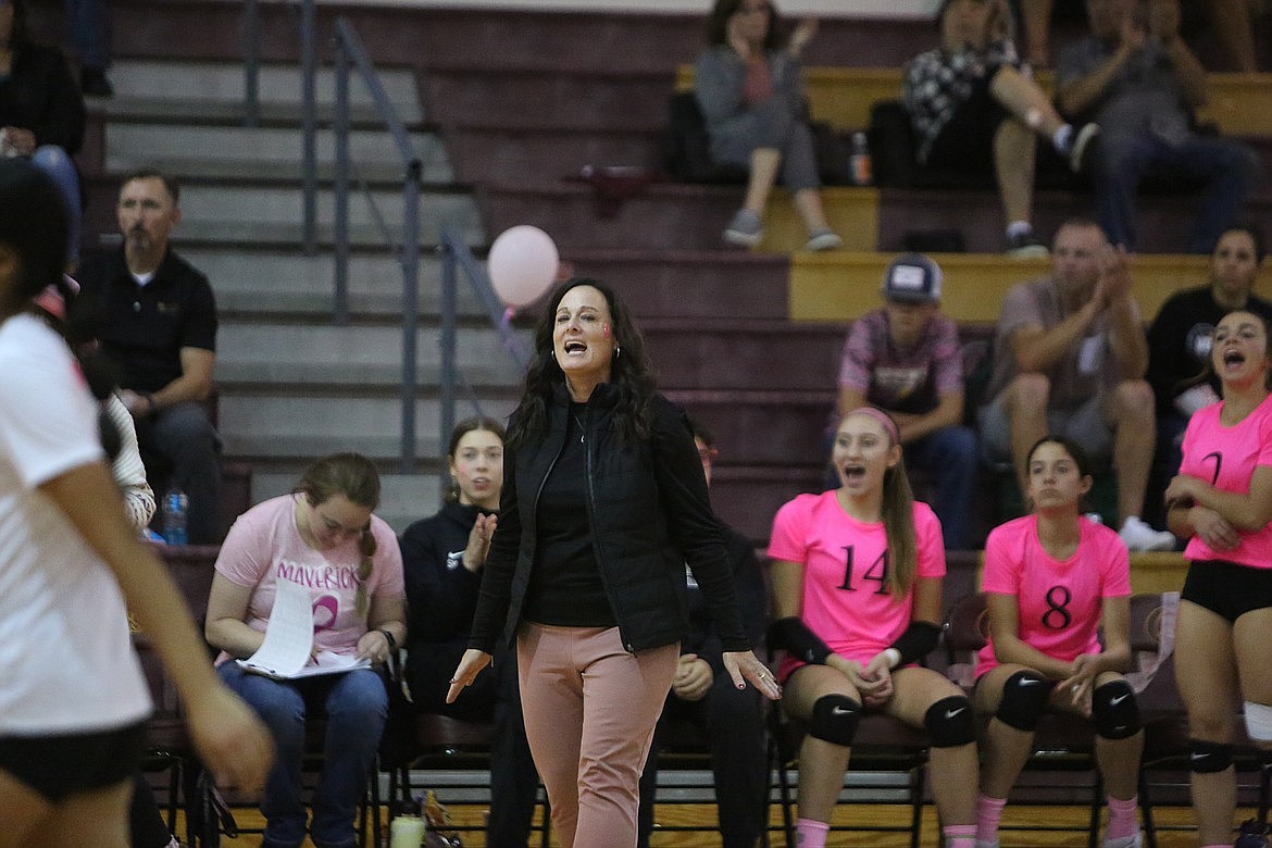 Moses Lake Head Coach Krystal Trammell calls out to the team during a game in the 2022 season. Trammell took over the Maverick volleyball program last season.