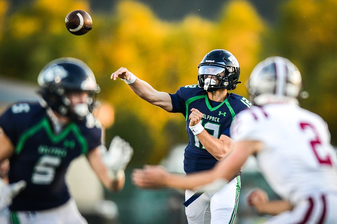Glacier quarterback Jackson Presley (12) drops back to pass in the first half against Helena at Legends Stadium on Friday, Sept. 15. (Casey Kreider/Daily Inter Lake)