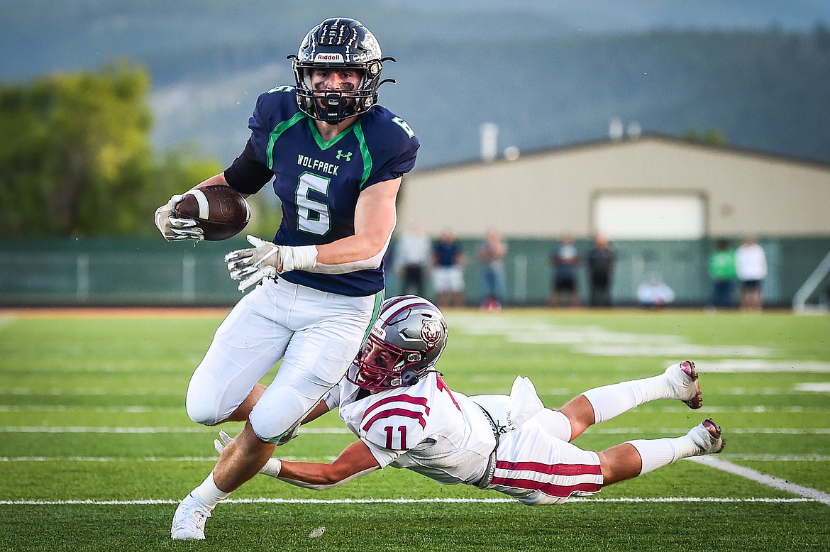 Glacier running back Kash Goicoechea (6) scores a touchdown on a run in the first quarter against Helena at Legends Stadium on Friday, Sept. 15. (Casey Kreider/Daily Inter Lake)