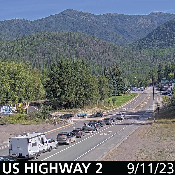 A Montana Department of Transportation traffic camera shows congestion on U.S. 2 on Sept. 11 as cars wait to turn into the road for the west entrance to Glacier National Park. (photo provided)