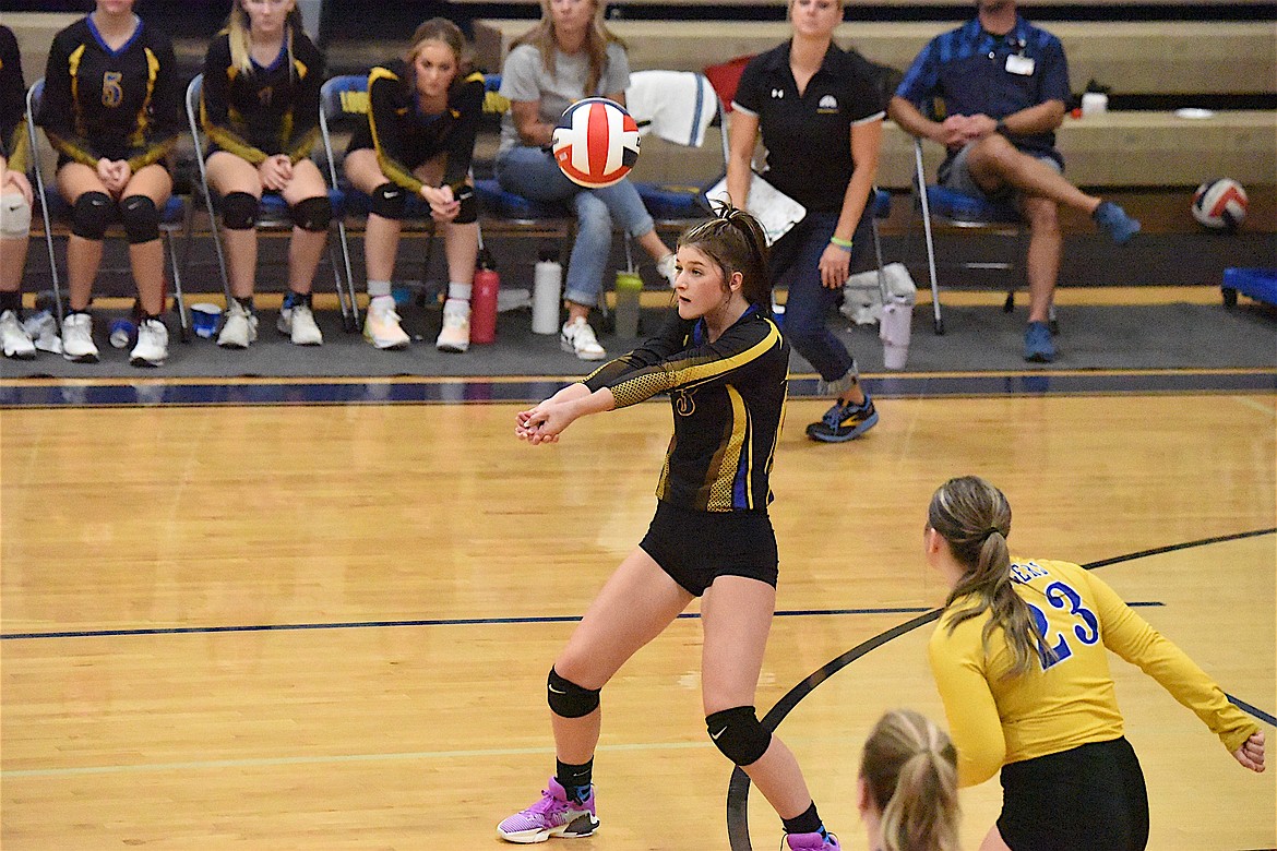 Libby's Molly Gotham (3) plays against Browning in the Sept. 15 match. (Scott Shindledecker/The Western News)