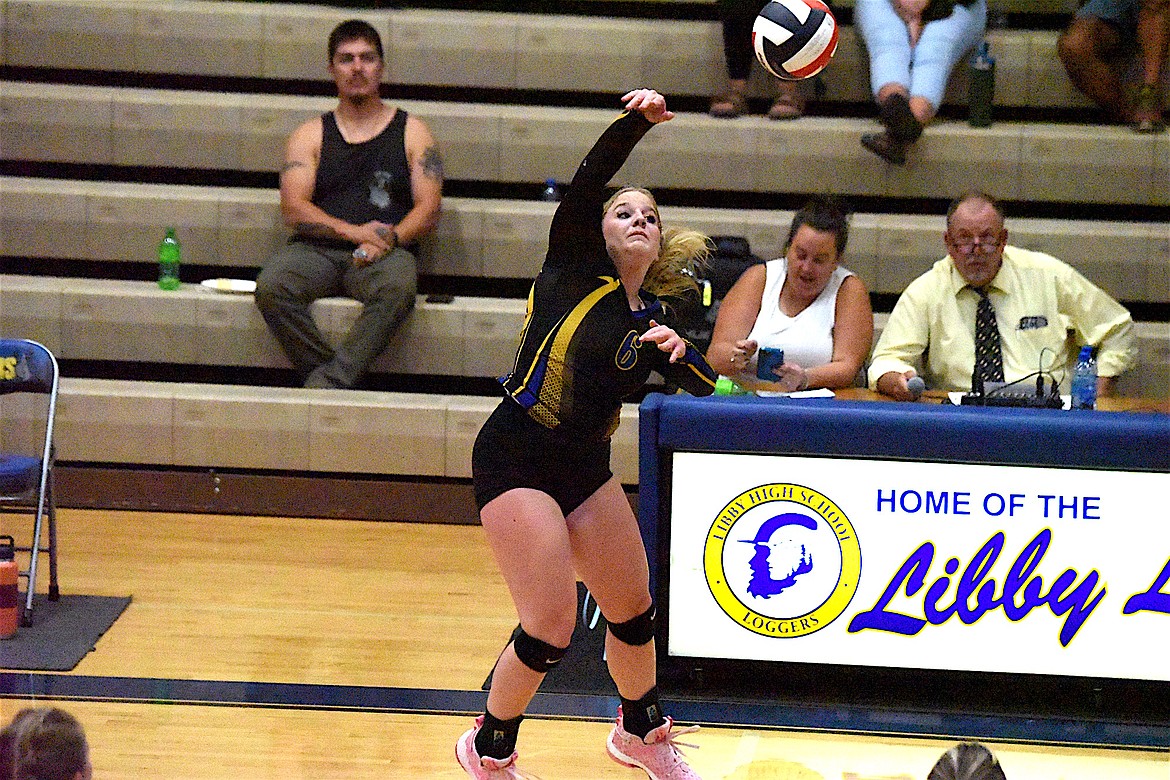 Libby's Mylie Rayome (6) plays against Browning in the Sept. 15 match. (Scott Shindledecker/The Western News)