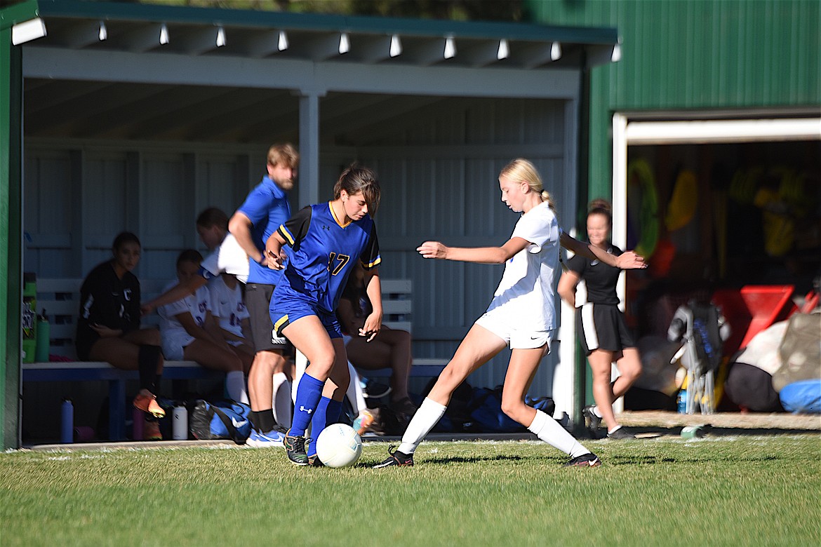 Libby's Rosalin Baney (17) goes against Columbia Falls in the Sept. 14 game at J. Neils Memorial Park. (Scott Shindledecker/The Western News)