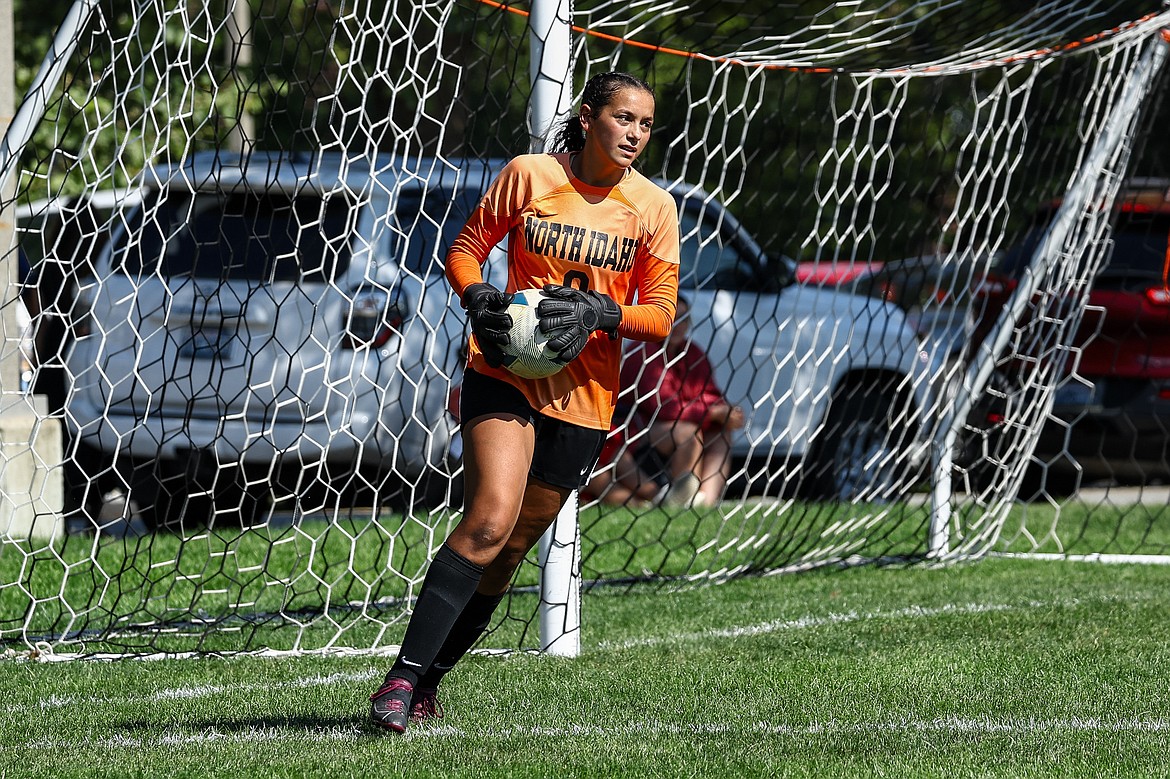 KYLE DISHAW/NIC Athletics
North Idaho College sophomore goalkeeper Kaycee Chavez looks to clear the ball during the second half of Saturday's Northwest Athletic Conference match against the Community Colleges of Spokane.