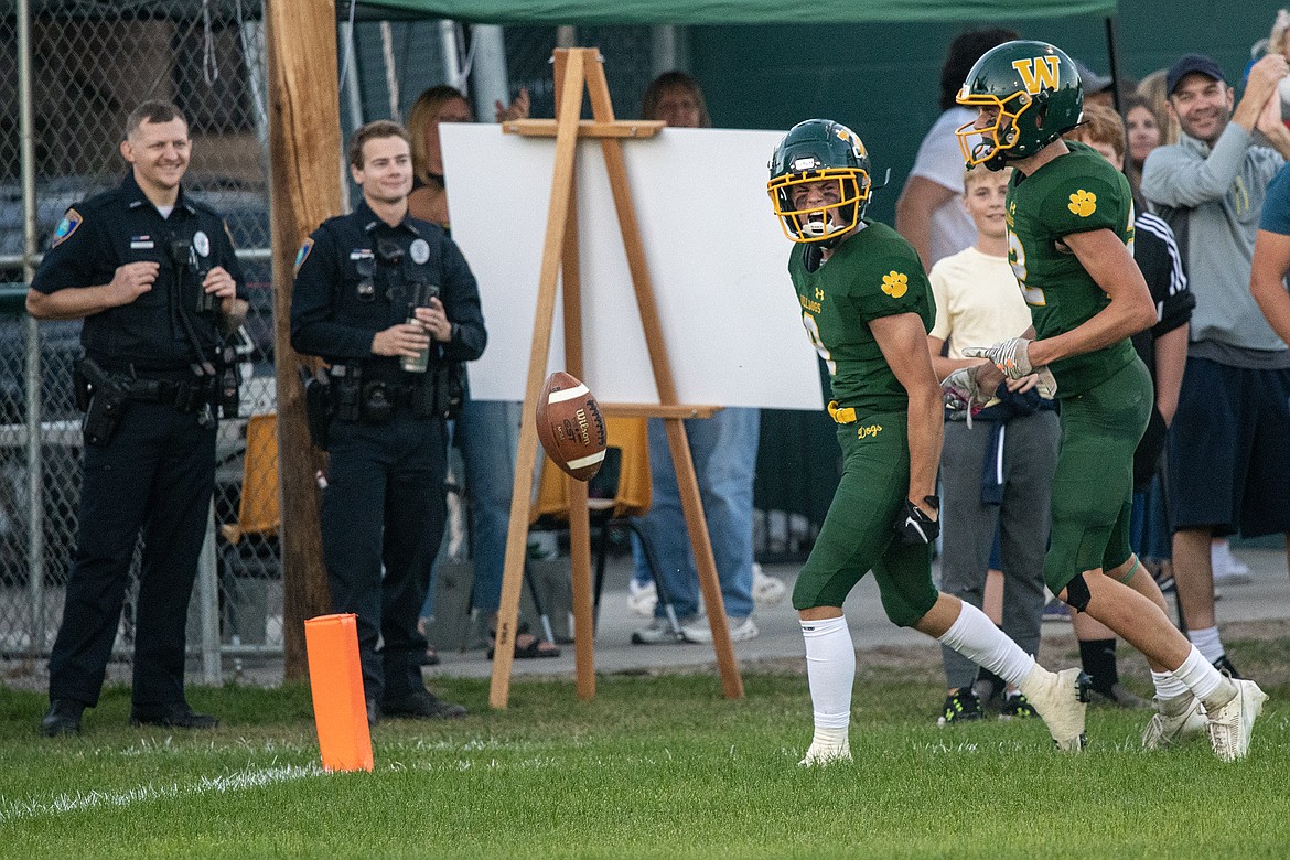 Bulldog receiver C.J. Thew celebrates a touchdown in a game versus the Columbia Falls Wildcats at the Dog Pound on Friday, Sept. 15. The Bulldogs won in overtime, 20-14. (Avery Howe/Hungry Horse News)