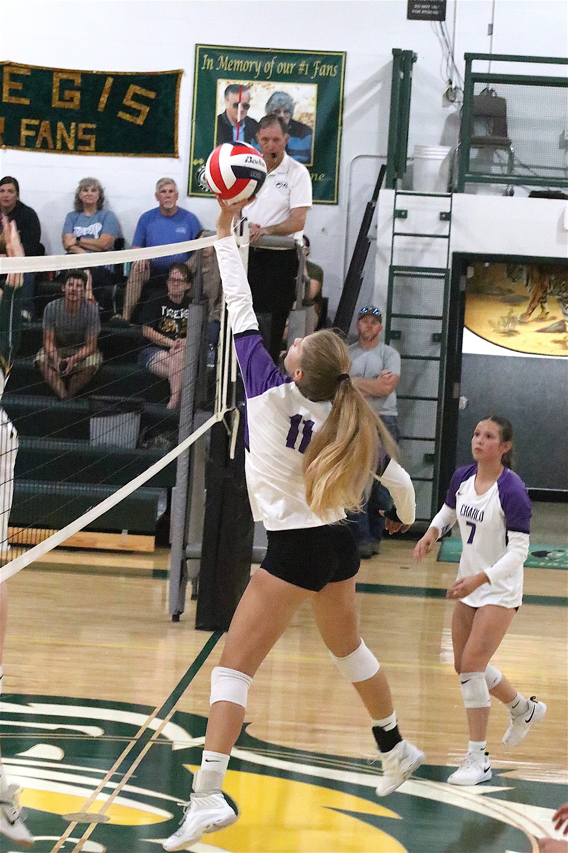 Lady Viking Leah Cahoon nudges the ball back over the net during last week's Charlo-St. Regis game. (Michelle Sharbono photo)