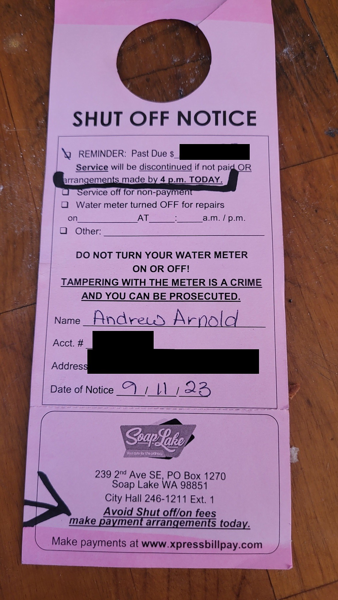 A water shut-off notice was sent to residents of Soap Lake with past due payments on their account Monday Sept. 11. City officials said references to “payment arrangements” mean to pay the bill immediately. However, verbiage near the top of the notice and prior experiences had residents thinking payment plans were an option.