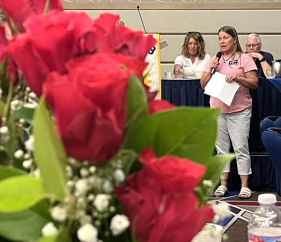 Kim Edmondson announces team leaders during the Rotary Club of Coeur d'Alene meeting Friday at The Coeur d'Alene Resort.