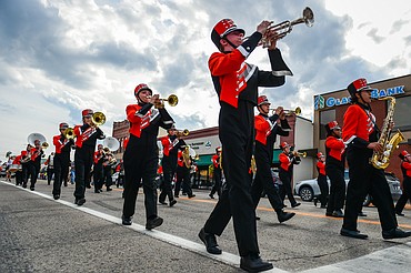 The Flathead High School Marching Band plays during the school's homecoming parade along Main Street on Wednesday, Sept. 20. (Casey Kreider/Daily Inter Lake)