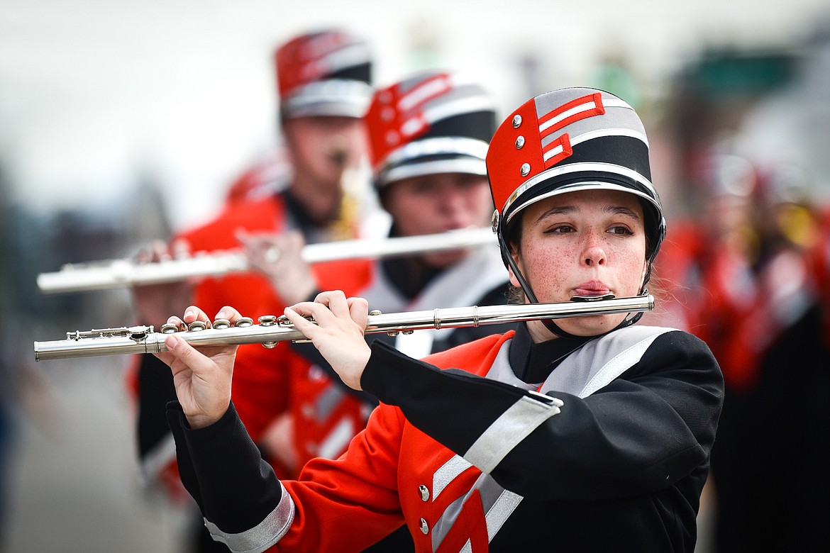 The Flathead High School Marching Band plays during the school's homecoming parade along Main Street on Wednesday, Sept. 20. (Casey Kreider/Daily Inter Lake)