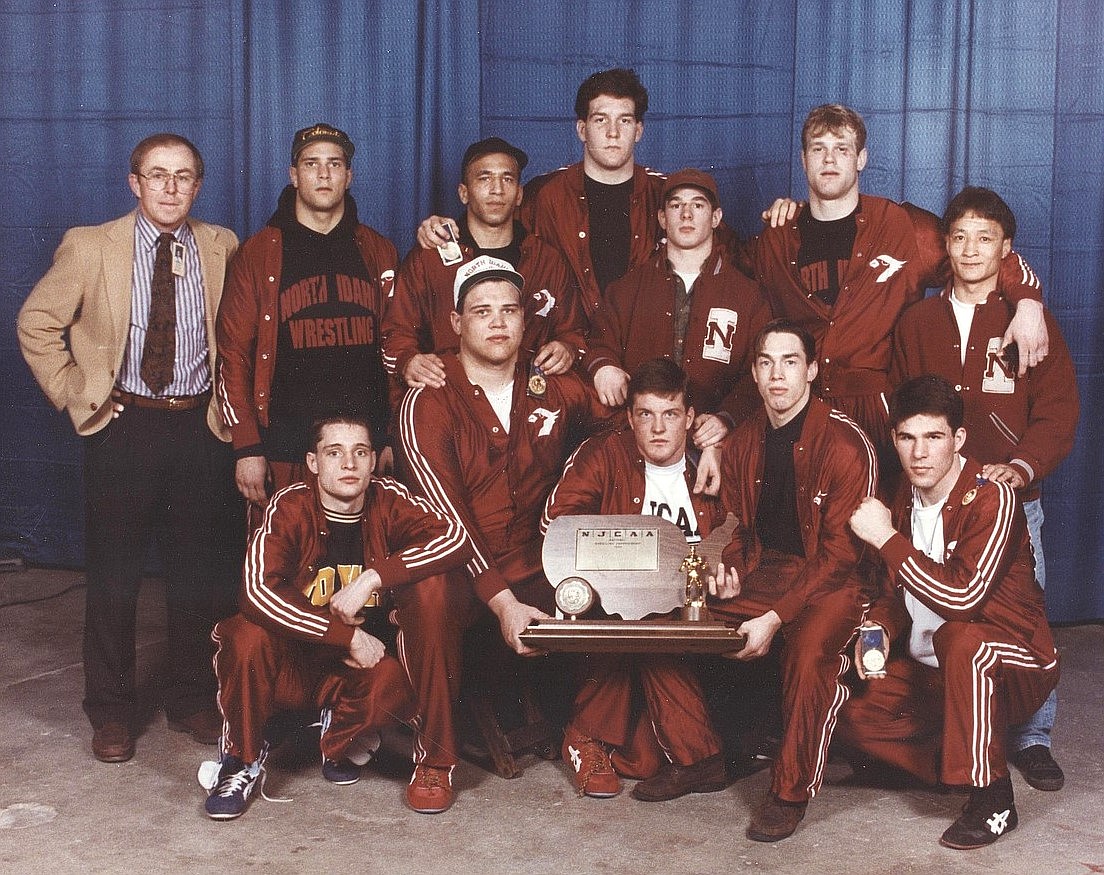 Coach John Owen, back left, with his 1993 national champion NIC wrestlers.