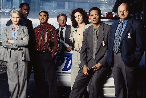 Dennis Franz as Detective Andy Sipowicz, far right, and the cast of “NYPD Blue.”