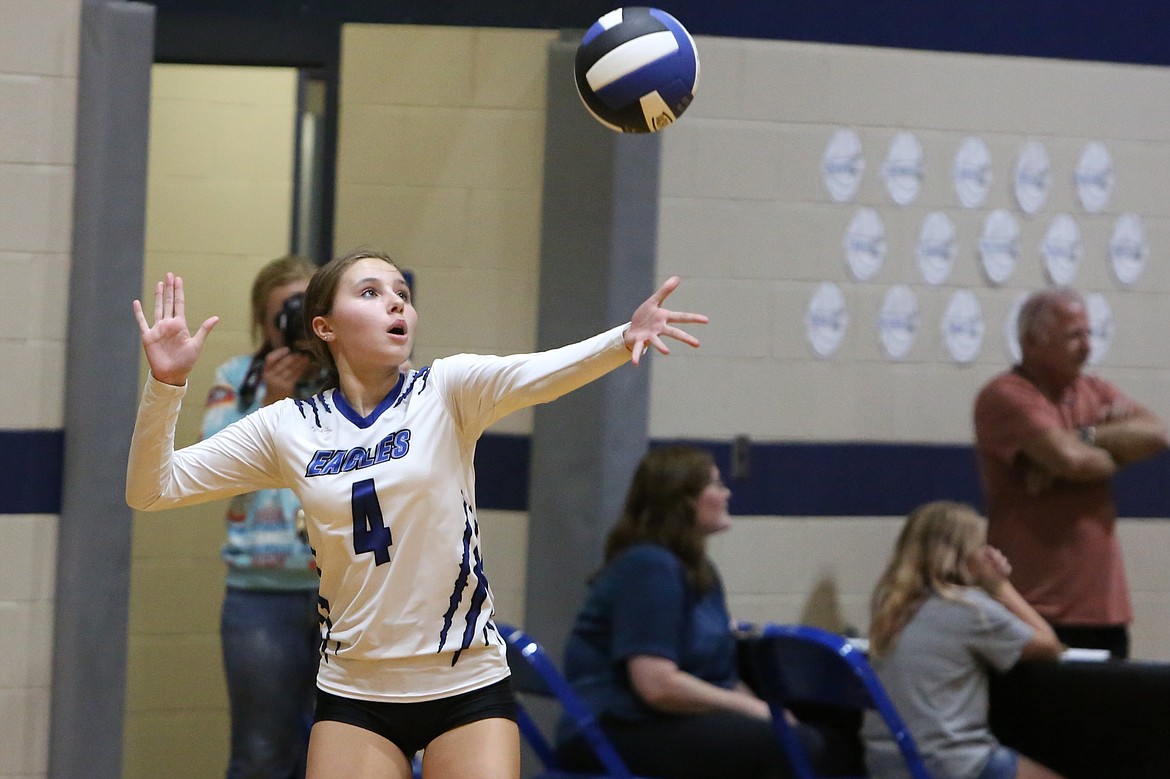 Soap Lake sophomore Sage Hart serves the ball during the second set against Cascade Christian. Hart recorded four aces on eight serves in the third set against the Wolverines.