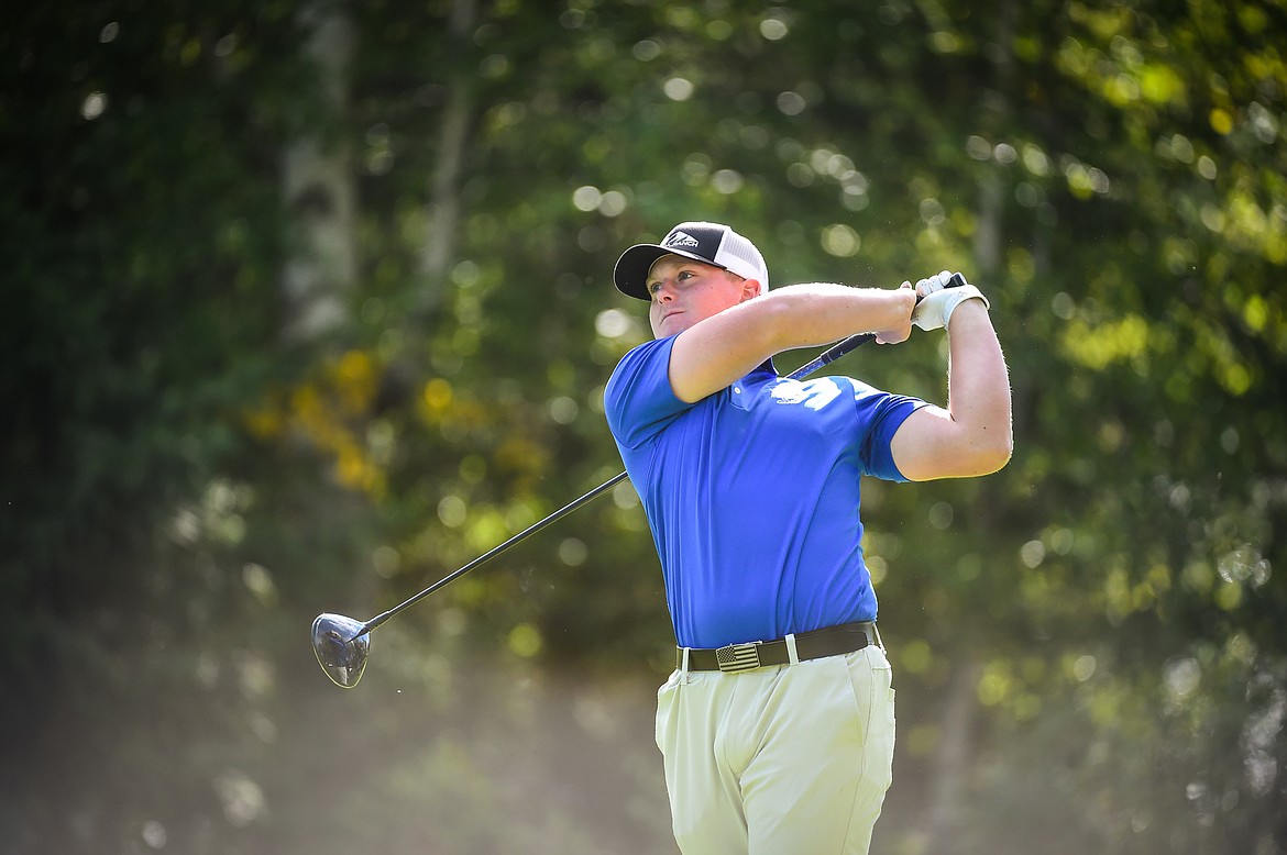 Bigfork's Colin Wade watches his drive on the 12th tee during the Western A Divisional tournament at Whitefish Lake Golf Club on Thursday, Sept. 21. (Casey Kreider/Daily Inter Lake)