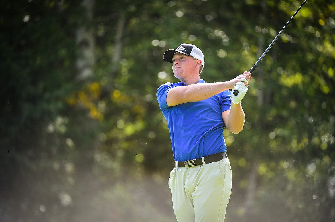 Bigfork's Colin Wade watches his drive on the 12th tee during the Western A Divisional tournament at Whitefish Lake Golf Club on Thursday, Sept. 21. (Casey Kreider/Daily Inter Lake)