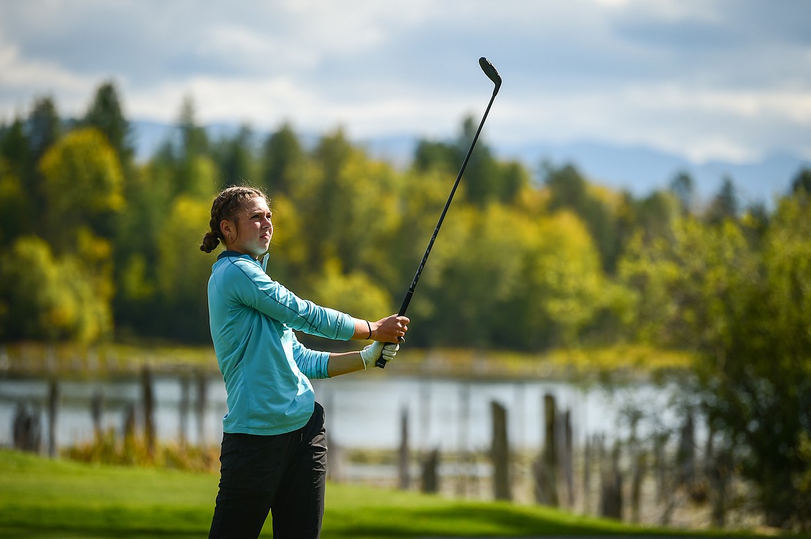 Bigfork's Keni Wade watches her tee shot on the 9th hole during the Western A Divisional tournament at Whitefish Lake Golf Club on Thursday, Sept. 21. (Casey Kreider/Daily Inter Lake)