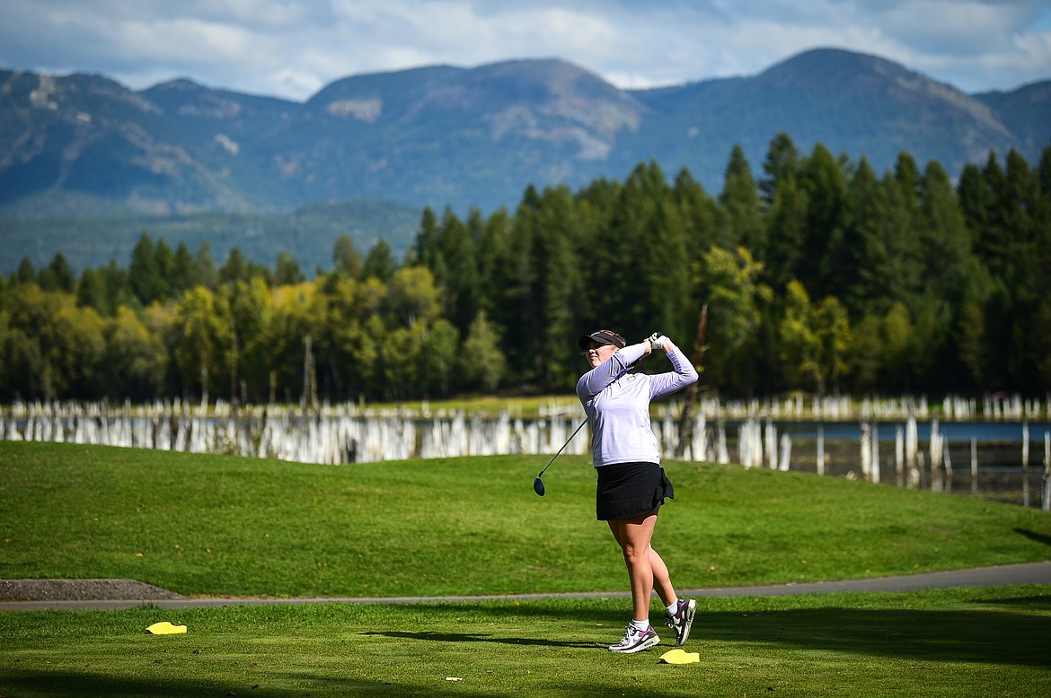 Polson's Ashley Maki tees off on the 9th hole during the Western A Divisional tournament at Whitefish Lake Golf Club on Thursday, Sept. 21. (Casey Kreider/Daily Inter Lake)