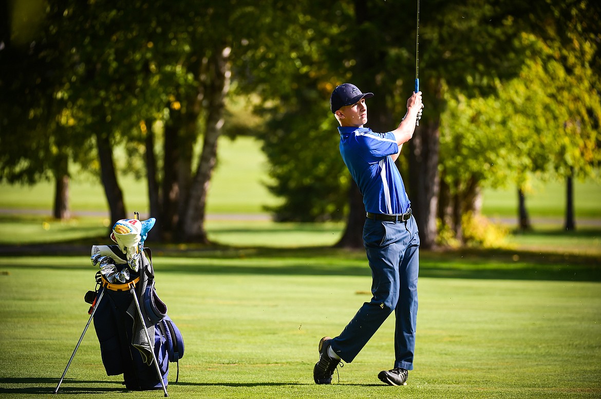 Libby's Reece Malyevac watches his approach on the 11th fairway during the Western A Divisional tournament at Whitefish Lake Golf Club on Thursday, Sept. 21. (Casey Kreider/Daily Inter Lake)